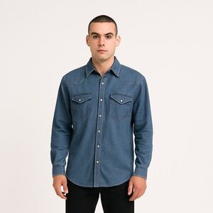 Wrangler Shirt Mens XL Blue Denim‎ Western Pearl Snap Long Sleeve Cowboy Rodeo